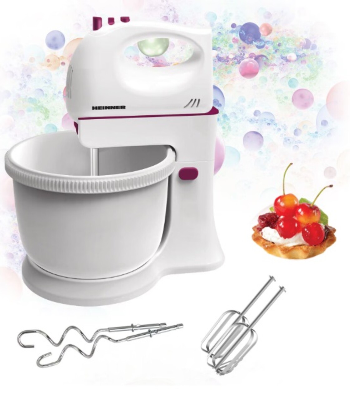 Mixer cu bol Charm, Heinner, 300W, alb/visiniu - imagine 3